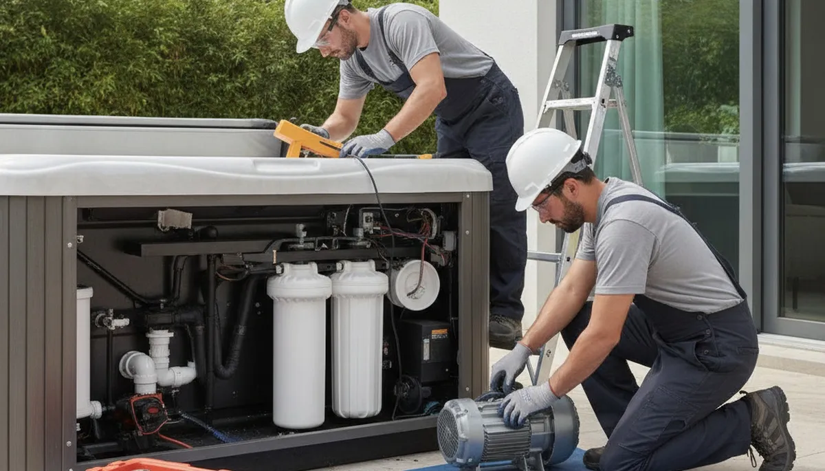Spa repair technician servicing a Highland Park, IL home spa for seasonal wear and cold-weather damage